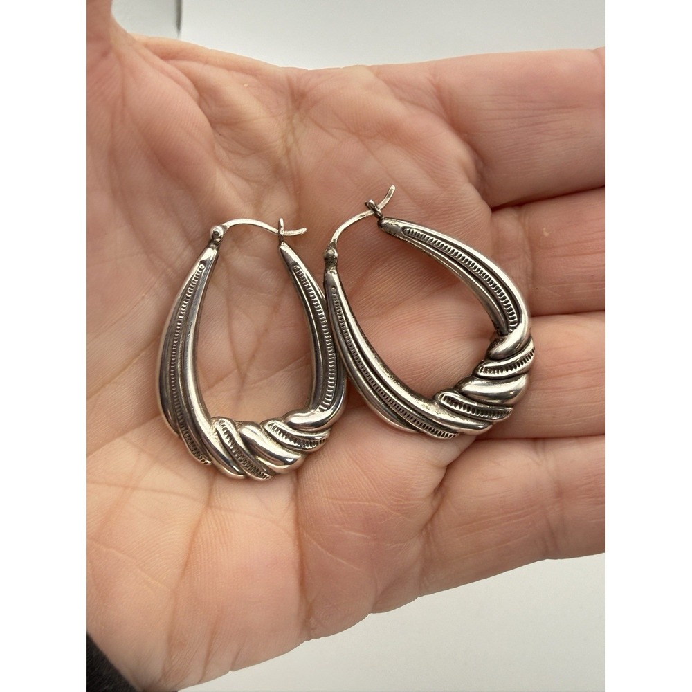 925 Sterling Silver Twisted Hoop Earrings Teardrop Ribbed Latch Back - Picture 2 of 8
